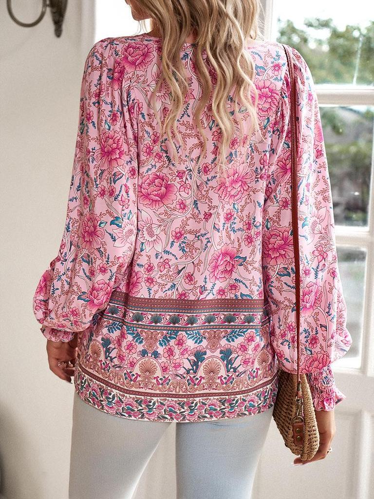 Spring/Summer 2025 Bohemian V-Neck Tie Long Sleeve Print Top for Women.