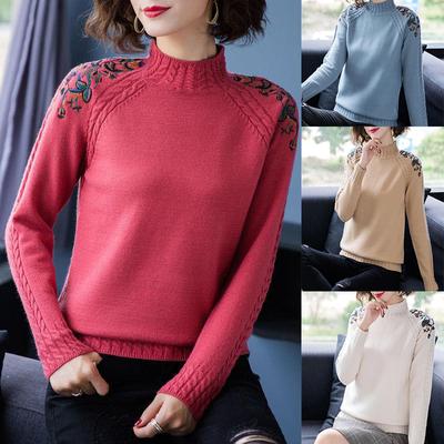 Half Turtleneck Pullover Fall Winter Cashmere Sweater Women Pure Color Casual Long-sleeved Loose Pullover Embroidery  Flowers Sweaters