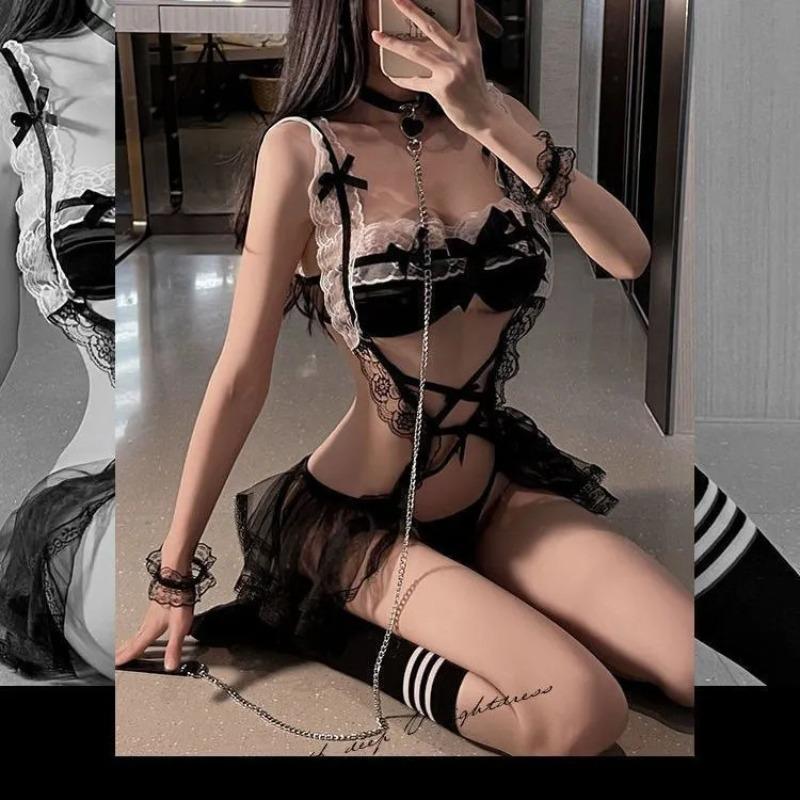 Sexy lingerie Passion maid uniform small breasts show big free crotch temptation mesh skirt underwear