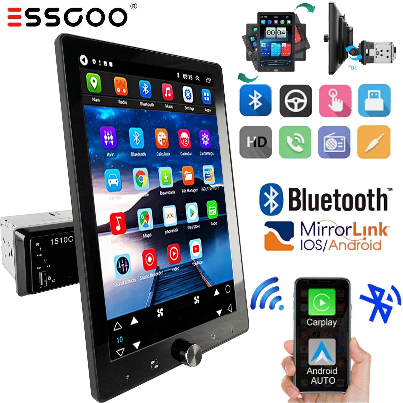 ESSGOO 10.4  Single 1 Din Rotatable IPS Touch Screen Car Stereo Radio Multimedia Wireless Apple CarPlay & Android Auto SWC FM 10.4 Inch