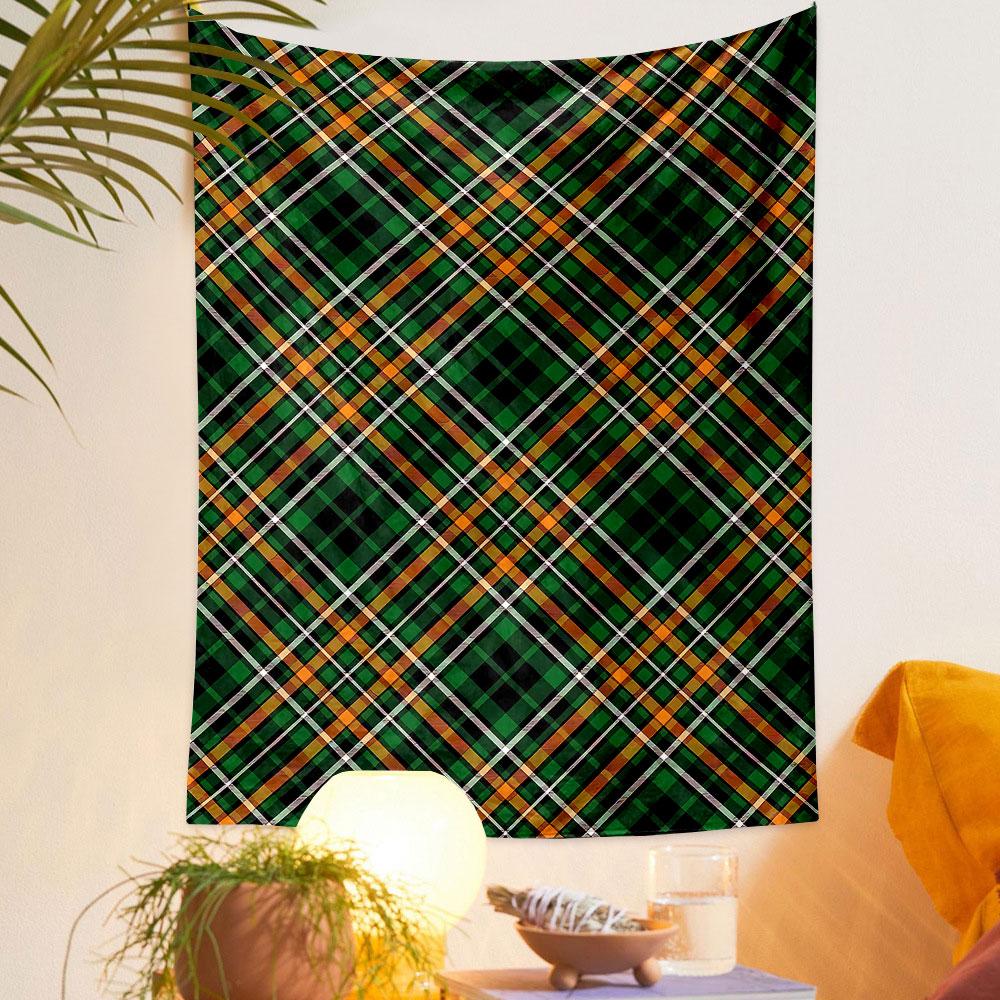 Plaid Pattern with Green and Orange Lines Patterned tapestry home decor, suitable for bedroom and living room, gift
