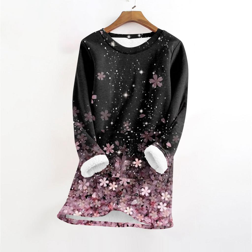 Women's Fashionable Printed Round Neck Long Sleeved Plush Warm Pullover Top