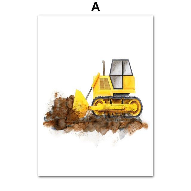 Jeřábový traktor, vysokozdvižný vozík, postřikovací bagr, závodní auto, malba na plátně, plakát a tiskárna, nástěnný panel, dekorace do dětského pokoje