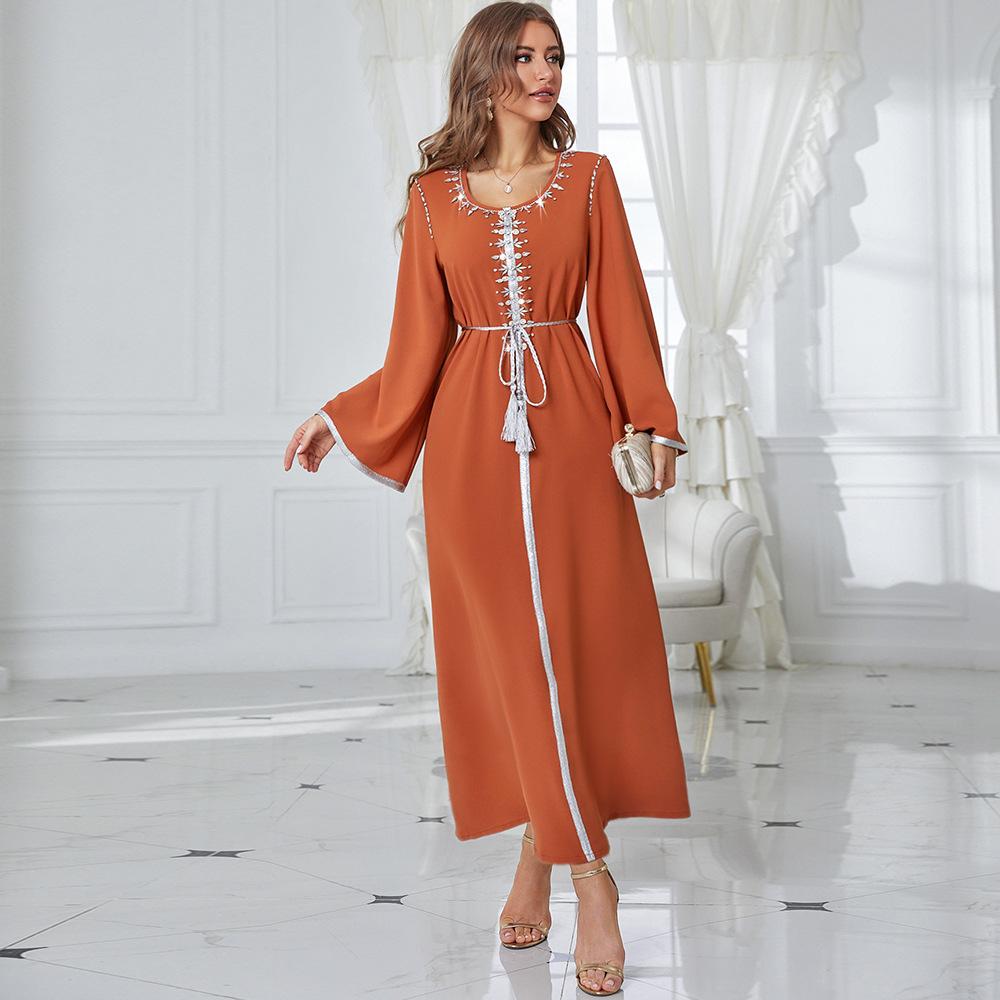 Women's Clothing Orange Round Neck Rhinestone Slim Robe Muslim Dress with Belt