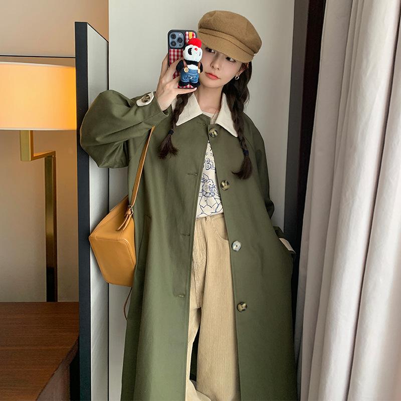 

Зеленый тренчкот Женский средней длины Весна и осень Новый стиль Свободный темперамент Британский стиль Повседневное пальто XL зелёный