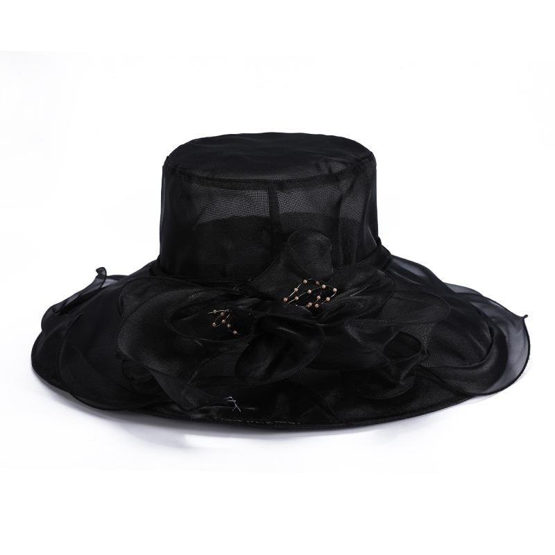 Elegant Summer Women's Sun Hat Breathable Organza Material with Woven Floral Decor Fits Head Sizes 56-58cm