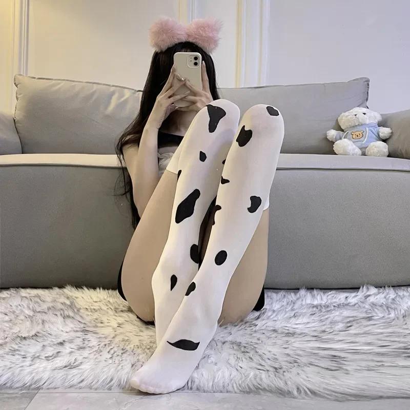Sexy Lingerie Long Stockings Women Cow Print Dot Over Knee High Elastic Stocking Female New Style Transparent Long Stockings