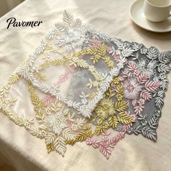 Elegant Kitchen Table Accessories Square Lace Placemat for Dining Table, Embroidered Mesh Heat Resistant Tabletop Protection Pads Mat, Retro