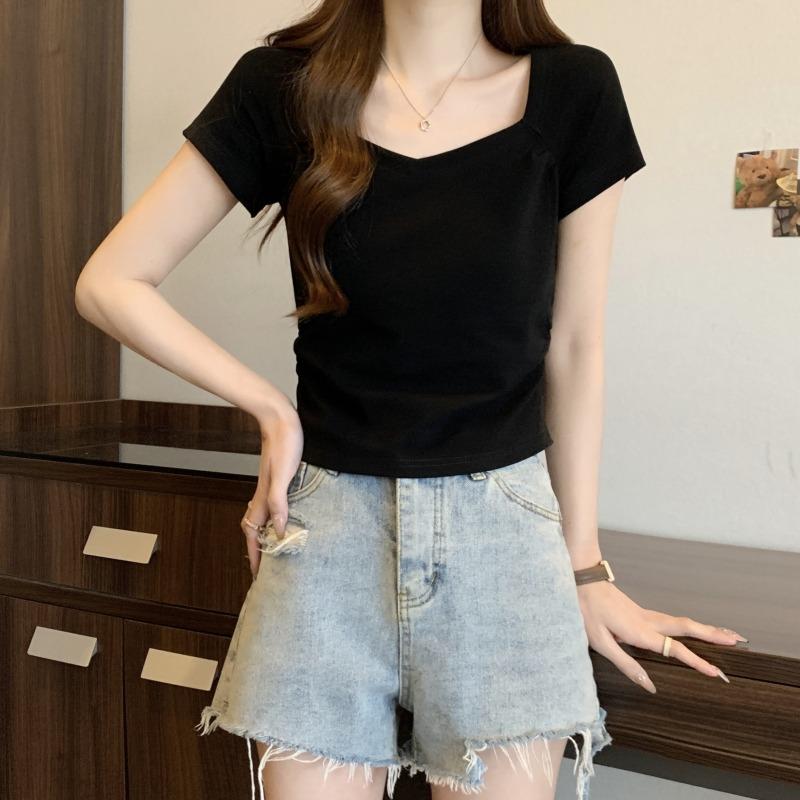 

Хлопковая повседневная футболка с квадратным вырезом и коротким рукавом для женщин, летняя приталенная однотонная офисная женская футболка, одежда, элегантная простая женская футболка 24214 XL чёрный
