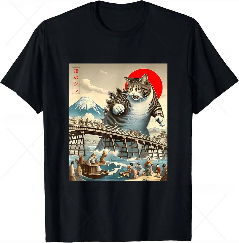 Funny Cartoon Comic Style Japanese Art Catzilla Cat Gifts for Women TShirt Unisex Cotton Oneck Tee Top Fashion Fitness T Shirt