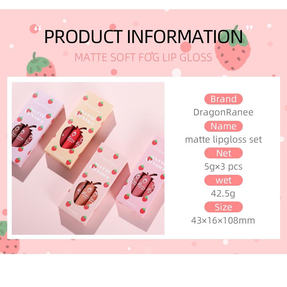 Dragon Ranee 3 saci cu mâneci căpșuni, glazură pentru buze Velvet Mist Matte, culoare roșie pentru buze, set drăguț cu cești antiaderenți