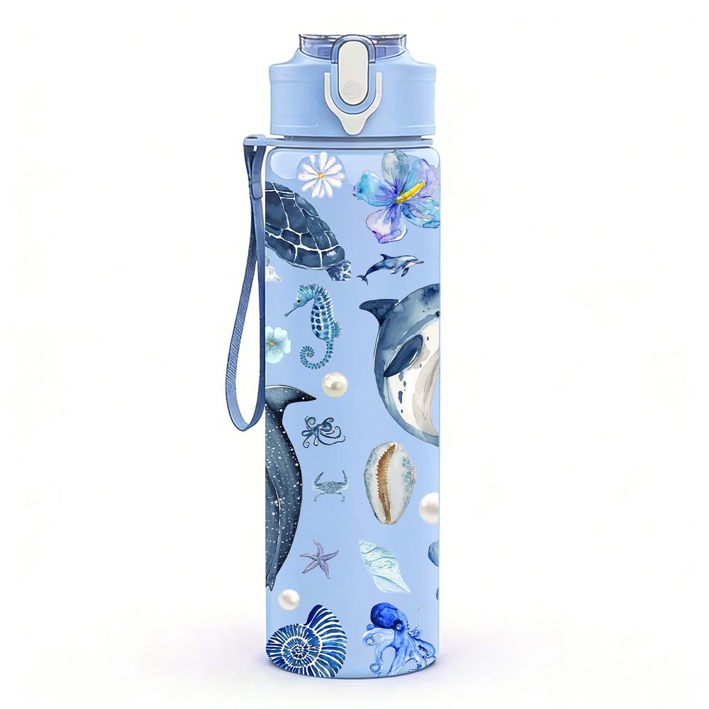 1 Stück Blau Grau Delfin Koralle Wiederholende Textur 750ml Farbe Kunststoff Wasserflasche Auslaufsicher Klappdeckel mit Strohhalm Für Sport Büro Heimgebrauch
