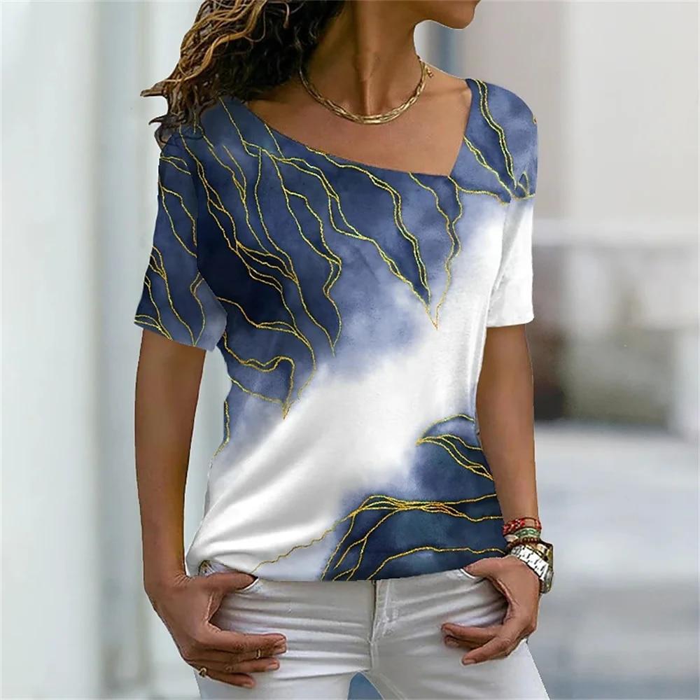 Women's 3D Flower Pattern T-shirt Irregular V-neck Design Y2k Fashion Trend Summer Short Sleeve Sexy Neckline Tshirts 2023