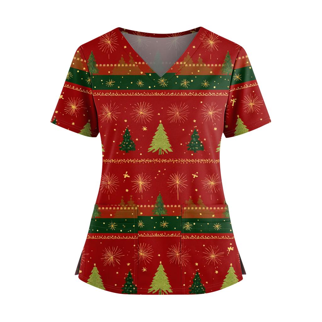 Dámský vánoční potištěný top s výstřihem do V, dvěma kapsami, krátkým rukávem, rozparkem na lemu, uniforma pro pečovatelky