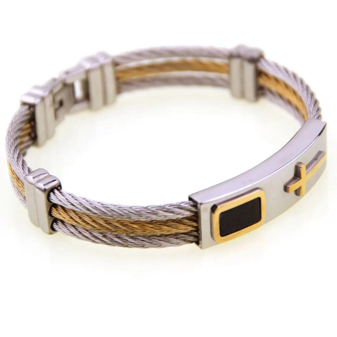 

Мужской браслет из титановой стали с трехрядным плетением из стальной проволоки и золотым браслетом в подарок мужчине Христу A