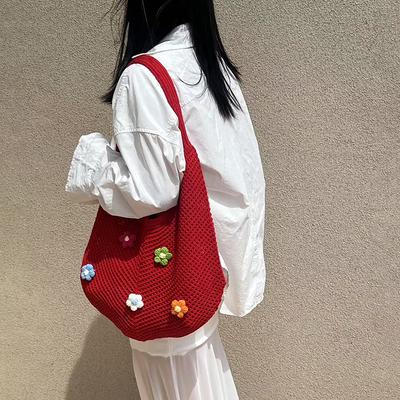 Bolso de Hombro Tejido Calado para Mujer Bolso de Playa de Malla de Gran Capacidad Bolso de Hombro de Crochet con Flores Bolso para Compras Viajes Desplazamientos