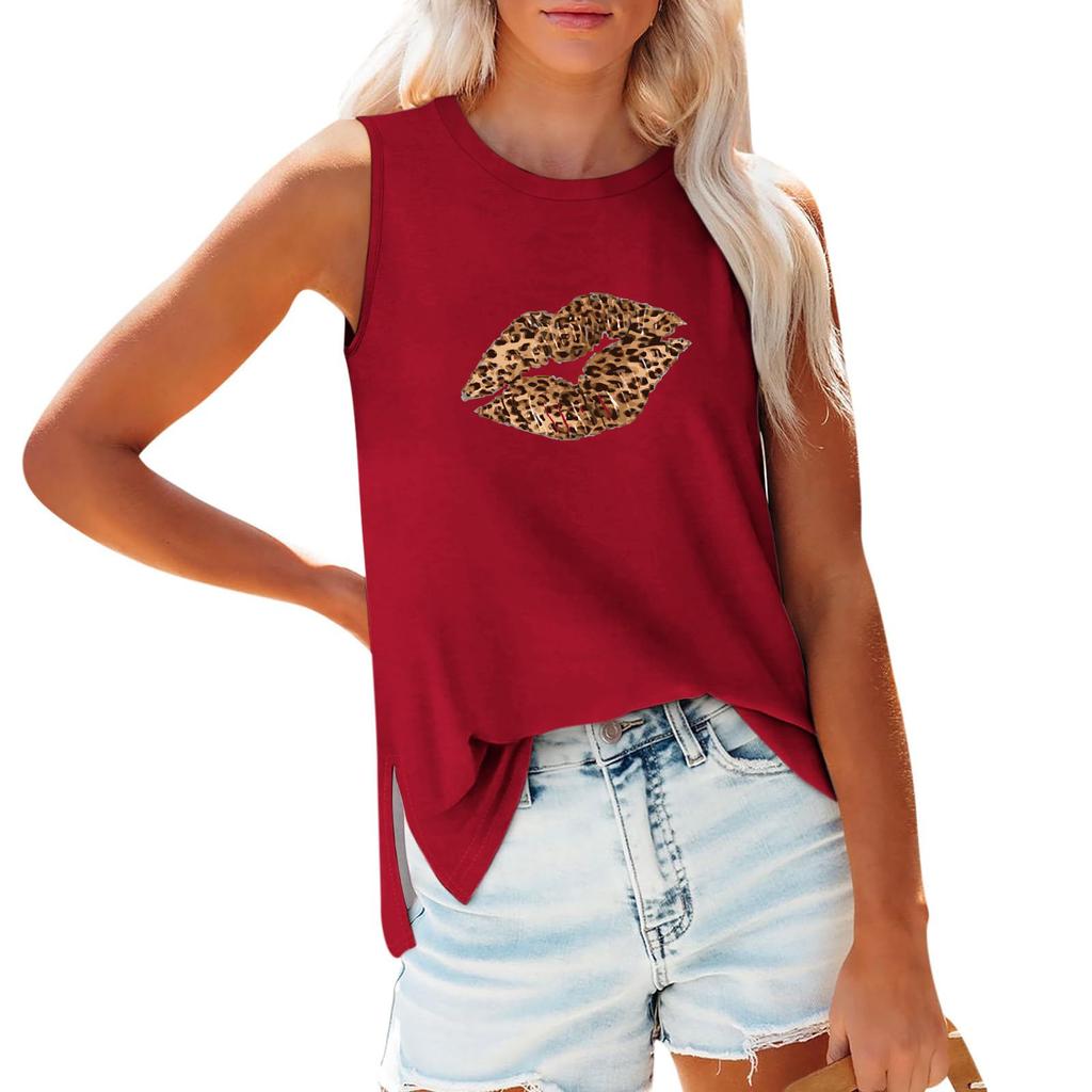 GMXIA Casual Cotton-like Loose Printed Solid Color Sleeveless Round-neck Vest Women's Shirt