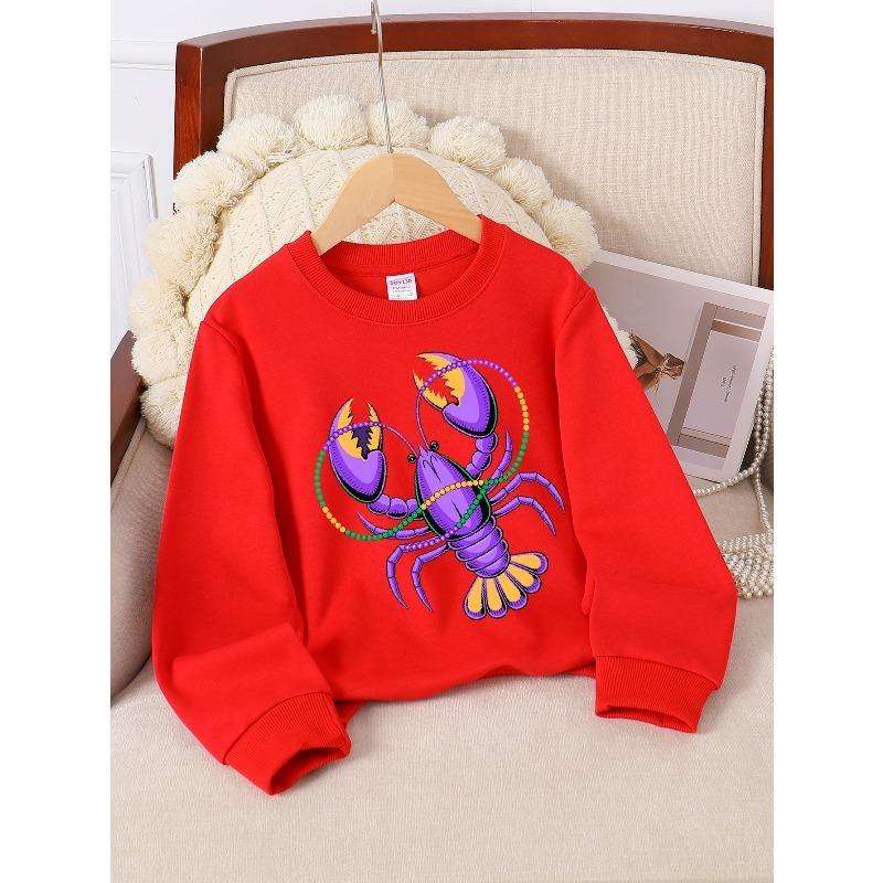 Kids Sweatshirt Purple Lobster Patterned Crewneck Sweatshirt for Girls, Featuring Beads. Suitable for Machine Washing, Ideal for Spring And Autumn