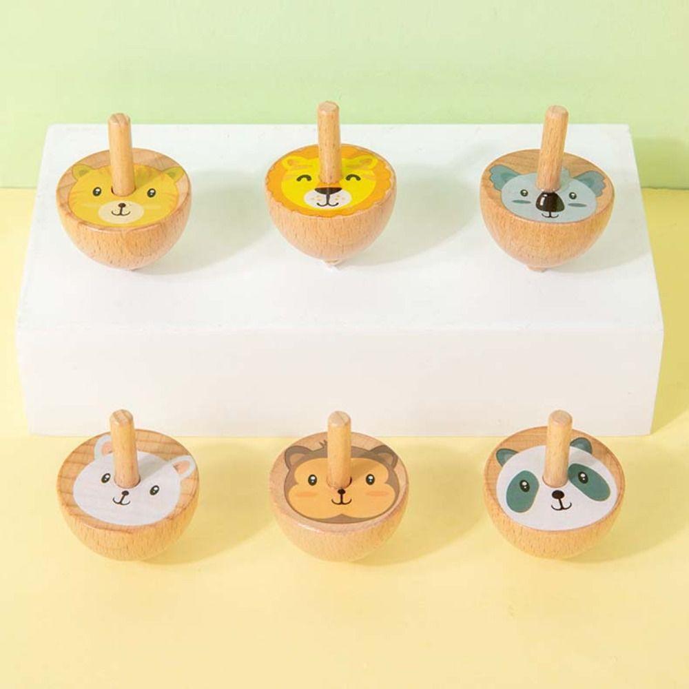6 Stück/Set Naturholz Drehkreisel Spielzeug Cartoon Tier Holzkreisel Set Kinder
