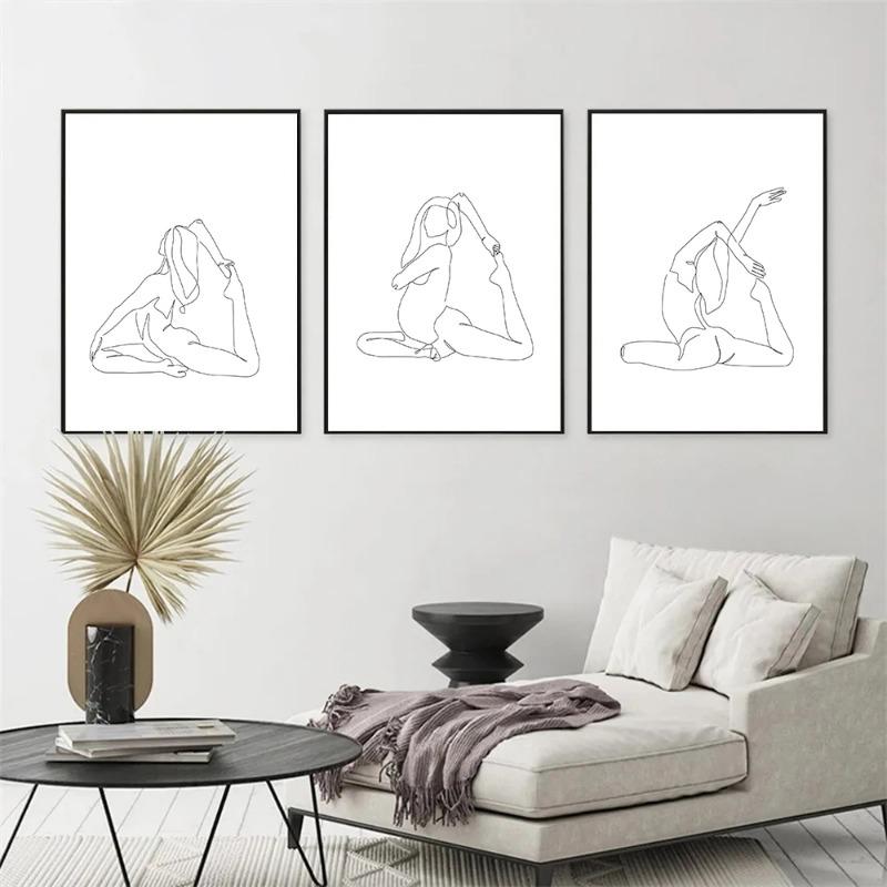 Abstrakt Fitness Minimalistisch Yoga Asanas Strichzeichnung Poster Drucke Leinwand Malerei Frau Körper Akt Wandkunst Bild Heimzimmer Dekor