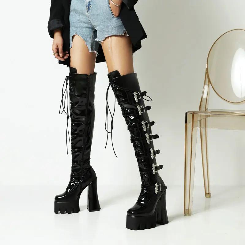 Fashion Lacquer leather women's boots  women's boots thick heel ultra-high heel muffin punk PUNK front lace up high boots