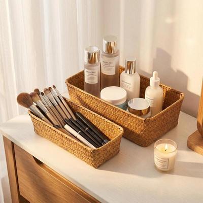 Woven Straw Desktop Organizer Basket for Toys, Cosmetics, and Sundries.
