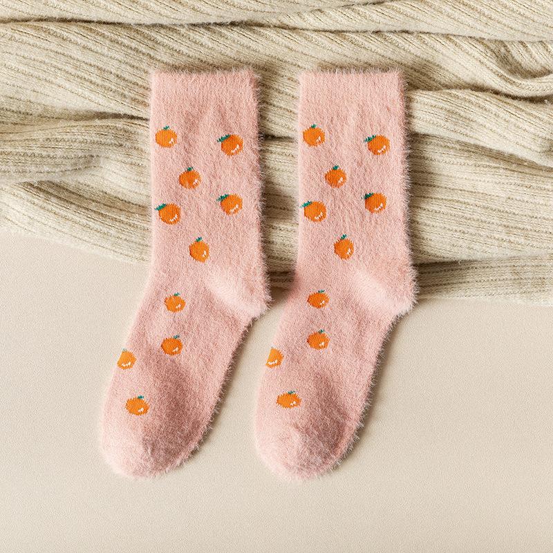 Female Autumn and Winter Plus Velvet and Thick Warm Mink Velvet Warm Fruit Strawberry Deodorant Tube Socks
