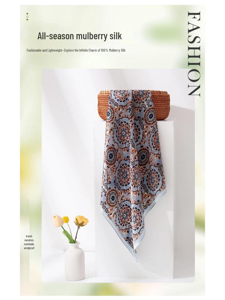 Mulberry Silk Women's Autumn Print Square Scarf: High-End Luxury Fashion Neck Scarf & Shawl