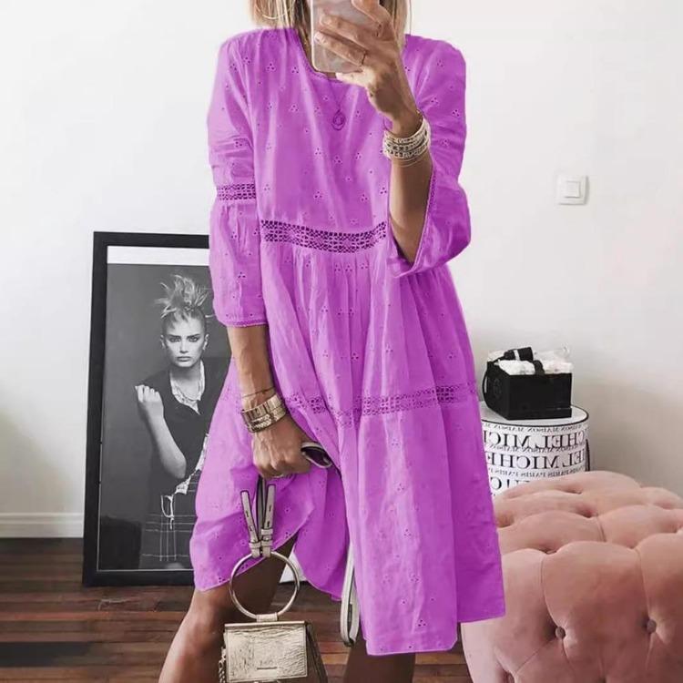 2026 New Summer Fashion Women Casual Lace Hollow Out Cotton Dress Large Size White O Neck Beach Clothes Ladies Female