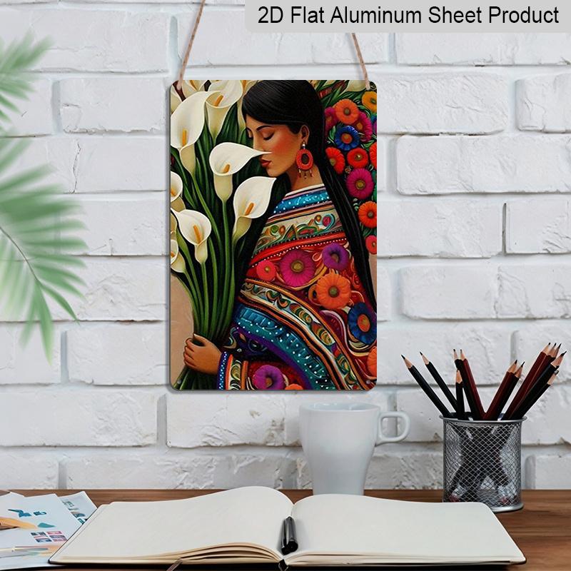 2D Flat, Elegant Woman with Calla Lilies & Colorful Floral Aluminum Art - Perfect for Home Decor, Wall Art, Living Room, Bedroom, Mexican Inspired