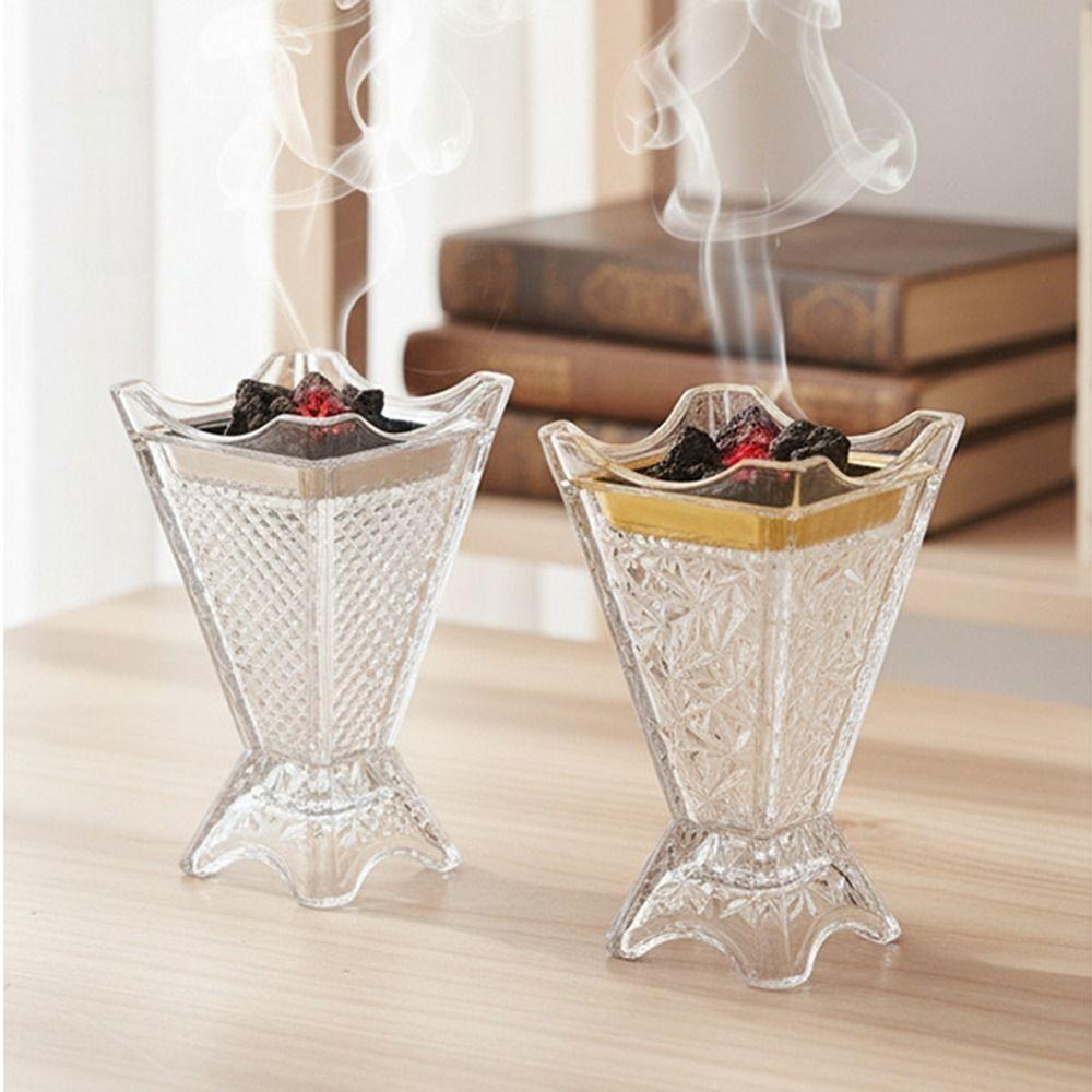 Arabic Style Glass Incense Burner Nordic Ironwork Clear Engraved Square Incense Holder Ornament Four-Corner Design