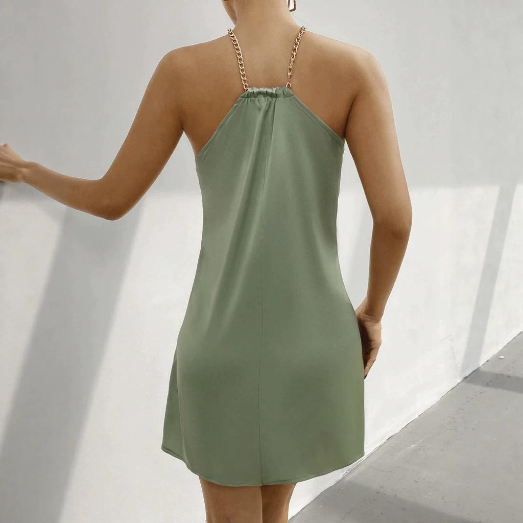 European and American new solid color neck backless off-the-shoulder fashion skirt, beach casual home loose dress