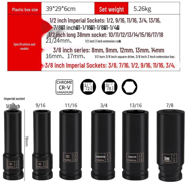 37-Piece Imperial & Metric Hex Socket Set for Air & Electric Wrenches