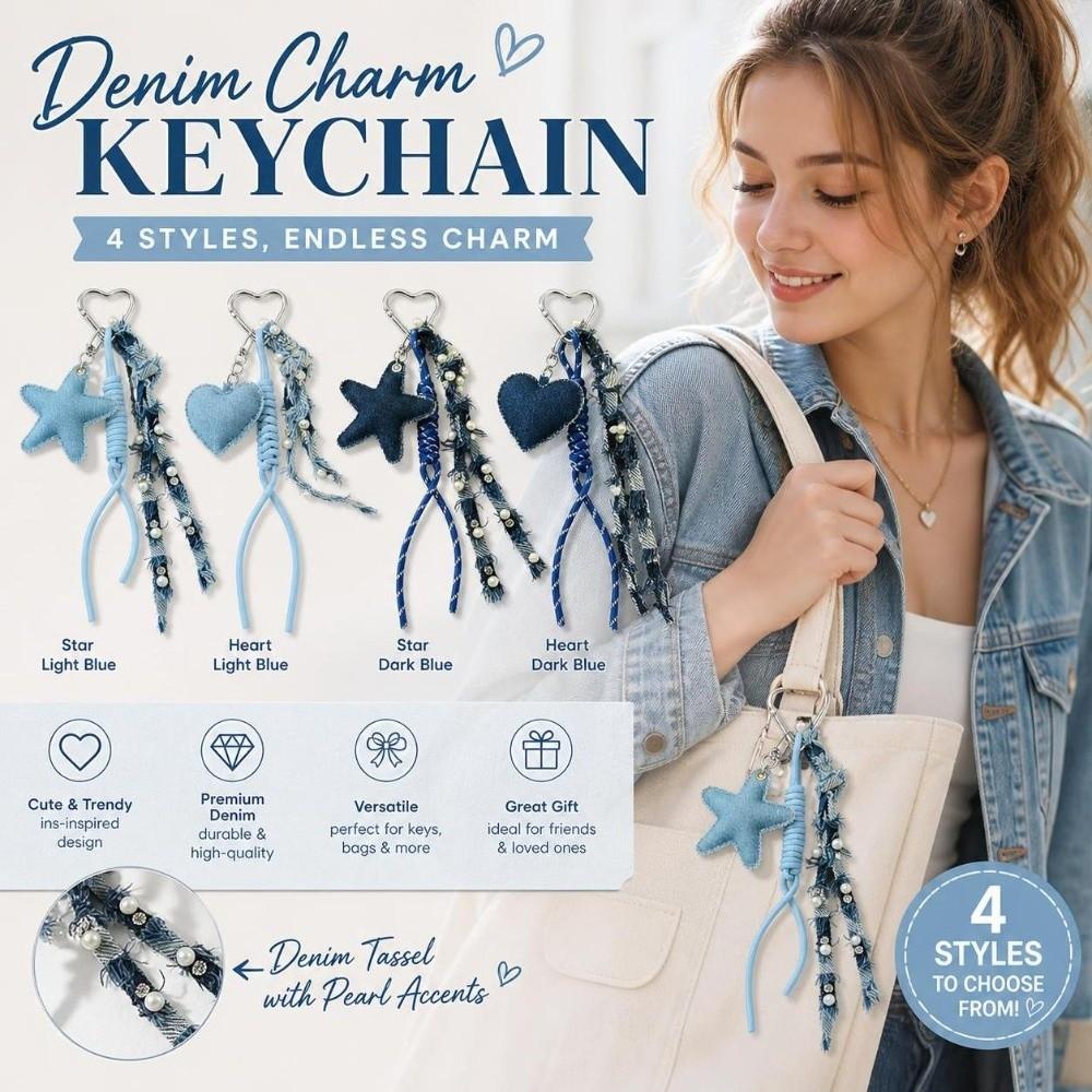Star Heart Pendant Denim Keychain Distressed Frayed Keychain Pendant for Women Ladies Bag