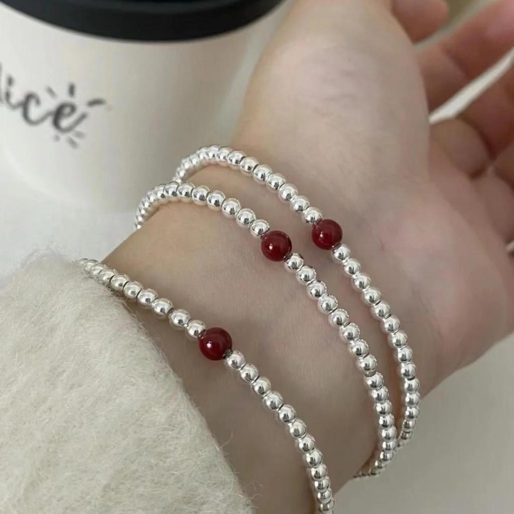 Cinnabar Silver Bead Bracelet for Women 2025 - Red Hand Rope, Thin Beaded, Stackable Jewelry