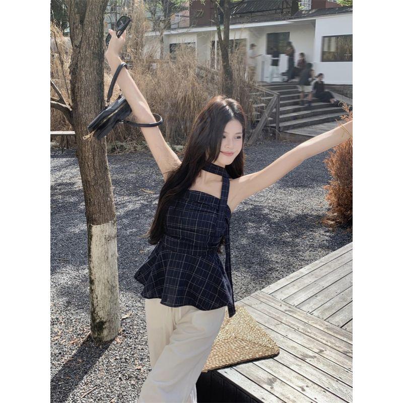 Retro Contrast Color Sexy Gingham Tube Top Vest Women's Clothing Summer Niche Style Ruffles Silm off-the-Shoulder Short Small Top
