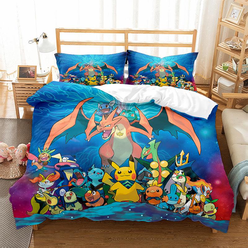 Pokemons Cartoon Anime Bedding Set Kawaii Pikachu Gengar Eevee Charizard Quilt Duvet Cover Pillowcase Kid Bed Set Twin King Size