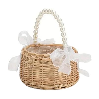 Panier de Fleurs de Mariage Perle Porté Main Ruban Tissé Panier de Rangement