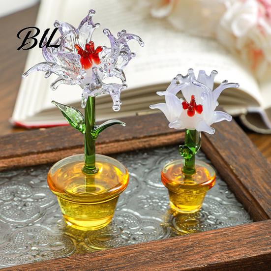 Small Potted Plant Decor Handcraft Glass Flowers Figurines Hand Blown Mini Flower Handmade Ornament Collectible Floral Gifts for Mother's Day Birthday