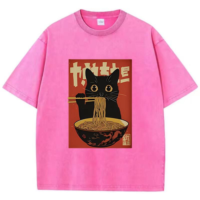 T Shirt Vintage Washed 100% Cotton T-Shirt Black Retro Cat Eating Ramen Graphic Tee Casual Streetwear for Spring Summer