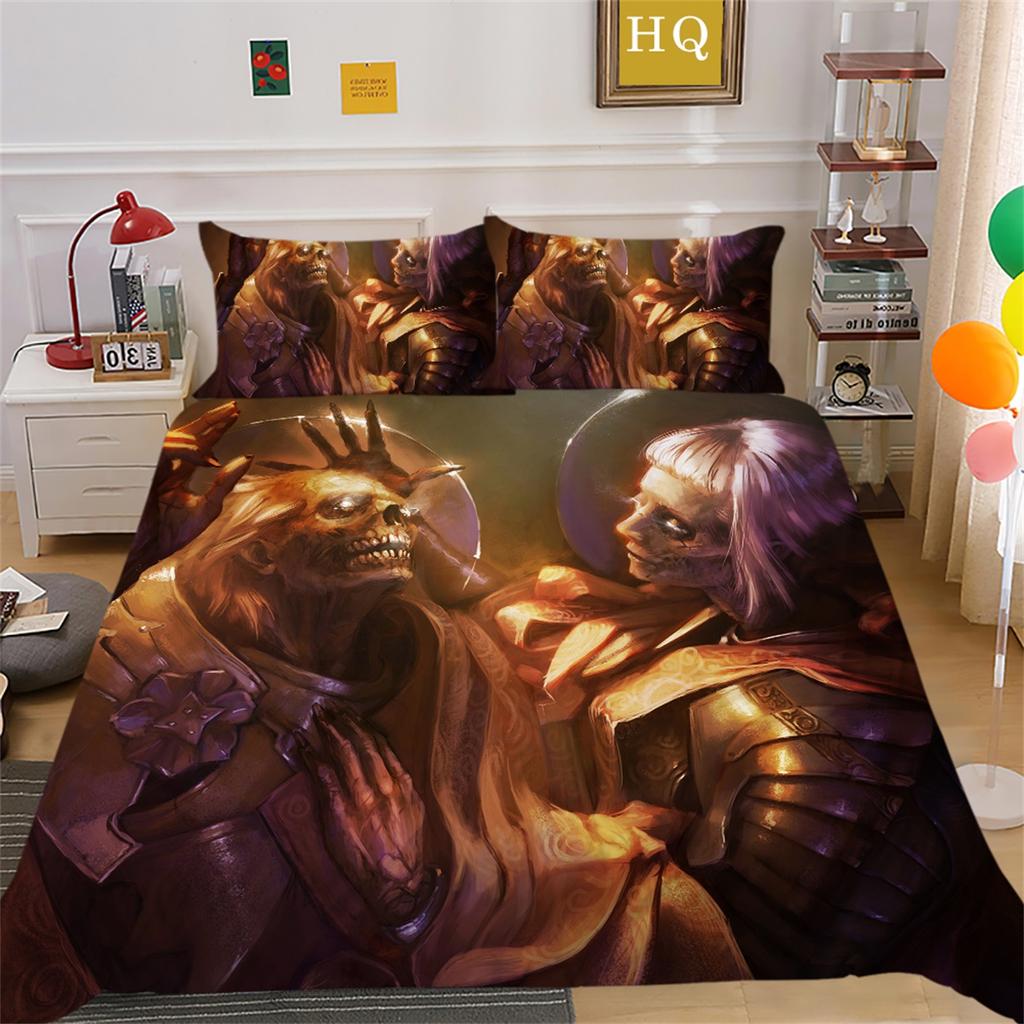 3D Horror Patterned Printed Bedding Set with Skull Head Pattern Down Duvet and Pillowcase 2/3 Pieces Halloween Festive Atmosphere Home Decoration