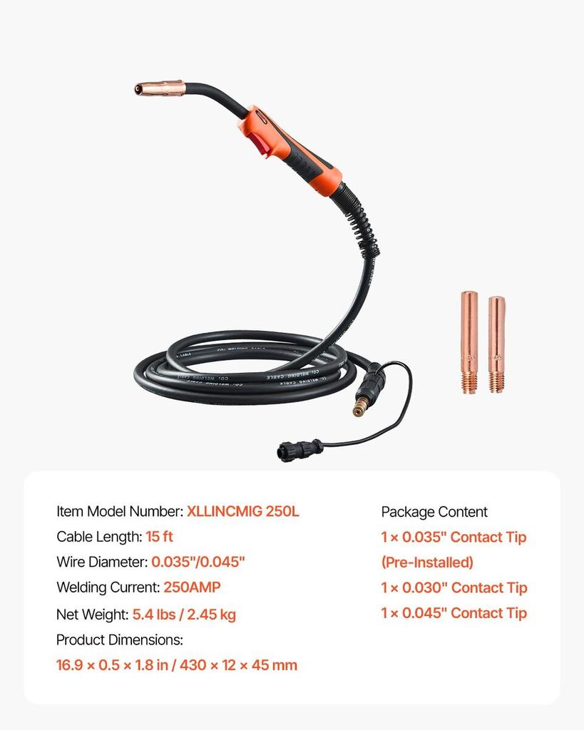 250Amp Mig Welding Gun with 15FT Cable for 0.035" & 0.045" Welding Wires