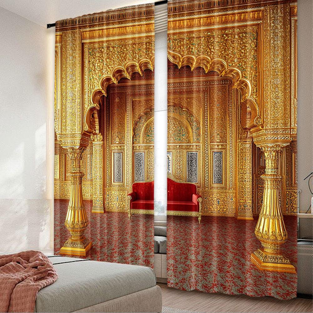 2Pcs Indian Royal Palace Curtain Interior Audience Hall In Anup Mahal And Maharaja Throne With Gold Carvings Aesthetic Drapes 60×150
