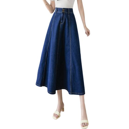 Denim Midi Skirt High Waist Button Zipper Fly A-Line Hem Skirt Solid Color Blue Skirt Office Lady Denim Skirt Daily Wear