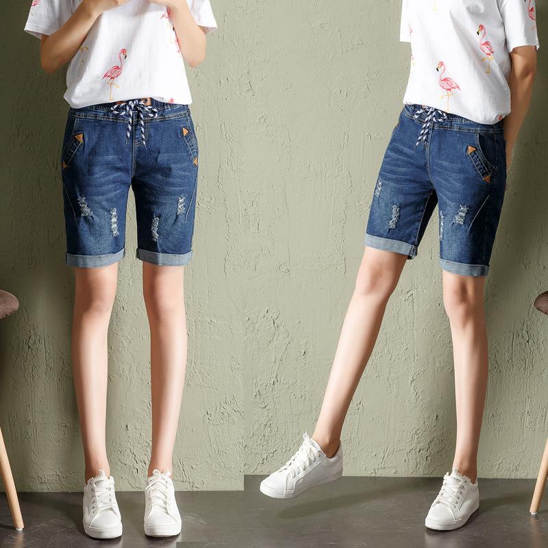 Pantaloni scurți din denim pentru fete de mărime mare, elastici de primăvară, talie înaltă, pantaloni largi rupti cu piciorul lat al cincilea