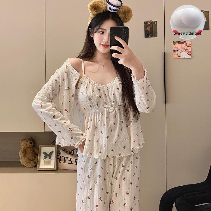 Women's 3-Piece Japanese Polka Dot Pajama Set - Long Sleeve Cardigan, Versatile for Spring/Autumn, Suitable for Home or Outdoors