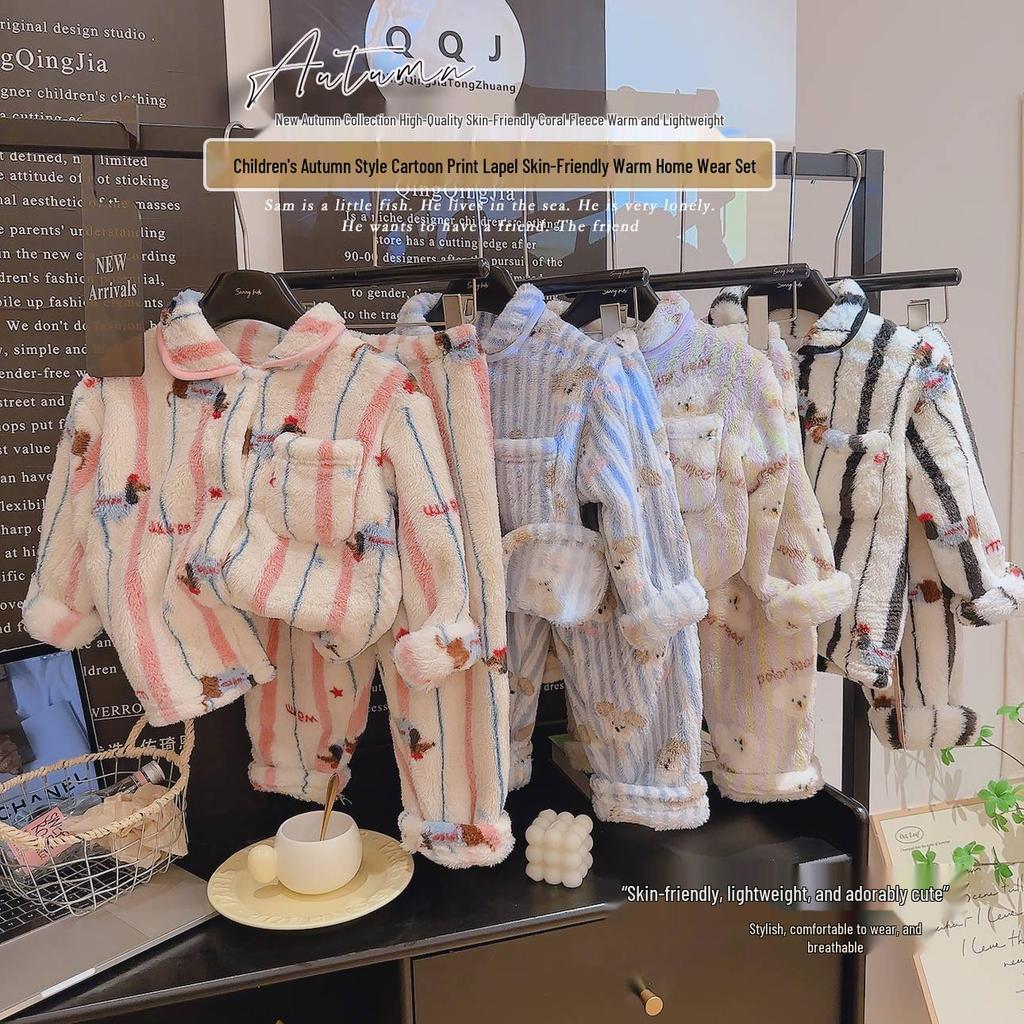 2025 A-Class Flannel Suit for Kids: Plush Velvet Thick Homewear, Fashionable Autumn & Winter Clothing for Boys & Girls.