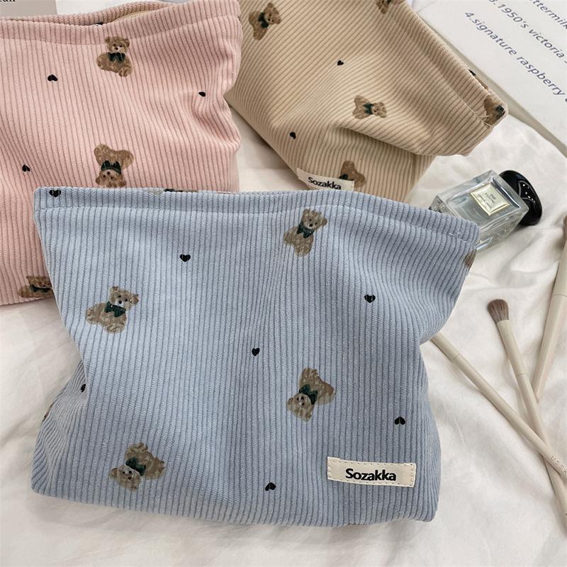 Portable Cartoon Bear Makeup Bag Corduroy Large Capacity Cosmetic Bag Pen Bags For Women Lady Girl