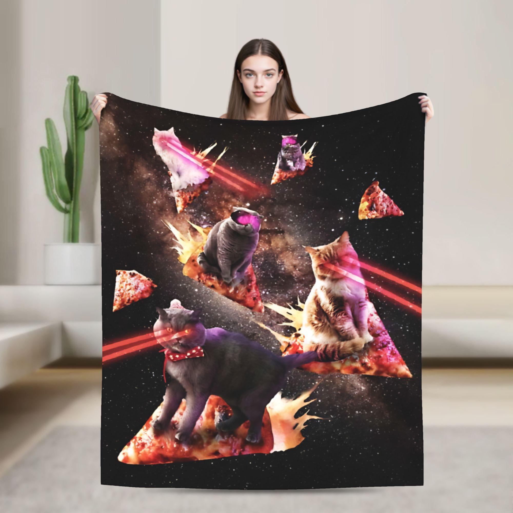 Outer Space Pizza Cat Galaxy Blankets Flannel Textile Decor Funny Breathable Lightweight Throw Blankets for Quilt 150x200cm