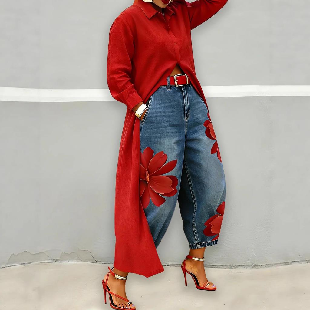 Women's Long Sleeve Oversized Button Down Long Shirt Red Casual Blouse